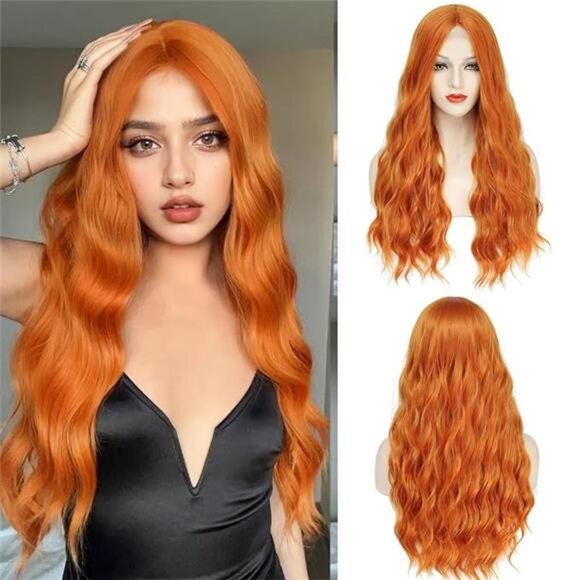 Long Orange Wavy Wigs for Women Middle Part 26 inch Natural Curly Synthetic Wig - Picture 7 of 7